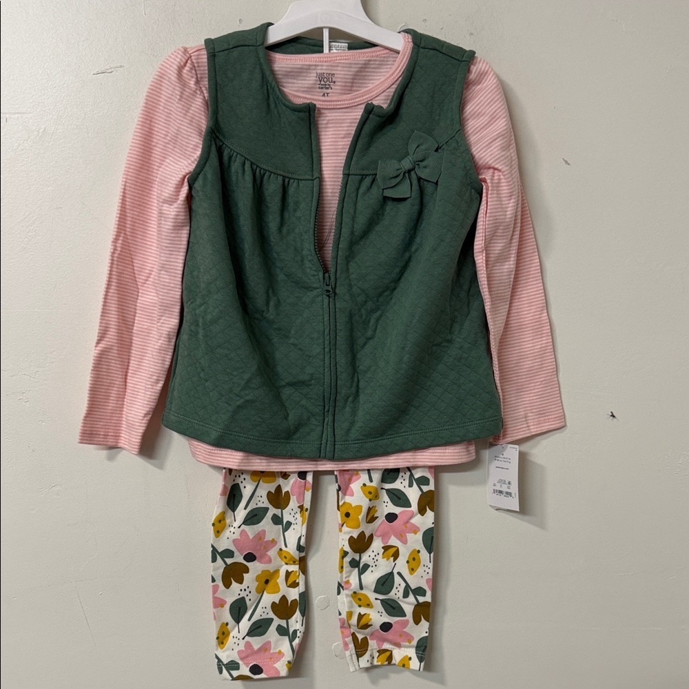 Carter's Pink Striped Top and Green Vest Set
